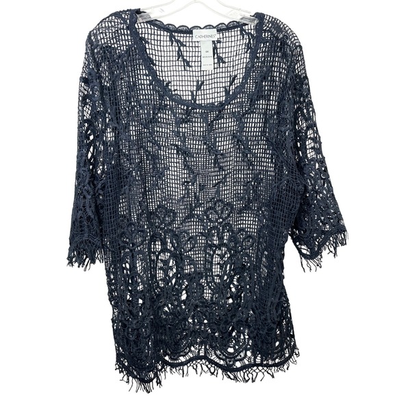 Catherines Tops - Catherines Plus Size 0X Lace Top Navy Blue Crochet Tunic Boho Witchy Gothic 179